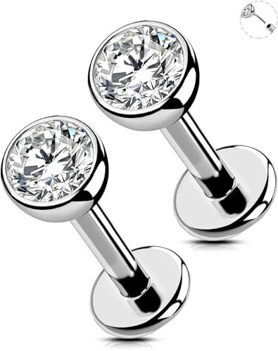 OUFER 2Pcs 20G/18G/16G G23 Titanium Threadless Nose Stud Earrings Flat Back Tiny CZ Small Nose Helix Cartilage Tragus Conch Labret Medusa Monroe Piercing Jewelry for Women Men - color: Silver, size: 2pcs, 16g 5.5mm, 4mm cz