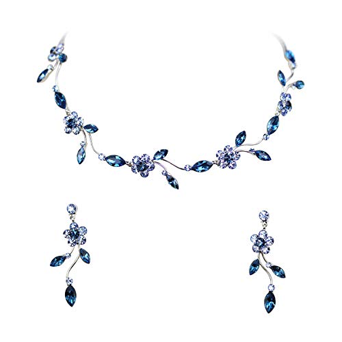 Faship Gorgeous Rhinestone Crystal Floral Necklace Earrings Set - color: Navy Blue