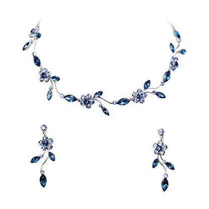 Faship Gorgeous Rhinestone Crystal Floral Necklace Earrings Set - color: Navy Blue