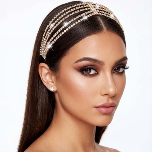 BARTOSI Rhinestone Head Chain Gold Bridal Headpiece Accessories for Women | Forehead Wedding Headband Elastic Crystal Hair Band Sparkly Prom Hair Jewelry - color: B-Gold