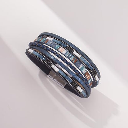Boho Layered Leather Wrap Bracelets Chunky Western Country Hippie Jewelry | Stackable Bohemian Cowgirl Magnetic Clasp Cuff Bangle Set Fashion Stack Statement Festival Trendy Jewelry Gifts for Women - color: Navy Blue