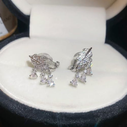 Crystal Leaf Tassel Teardrop Clip on Earrings for Women 14k Gold Plated Shiny Rhinestone Feather Shaped Dangle Drop Non-Piercing Earring Elegant Wedding Prom Anniversary Party Jewelry Gifts - color: Silver