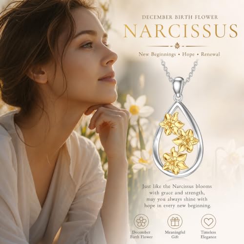 12 Month Birth Flower Necklace for Women 925 Sterling Silver Floral Teardrop Pendant Birthday Jewelry Gifts - color: 12. December Narcissus
