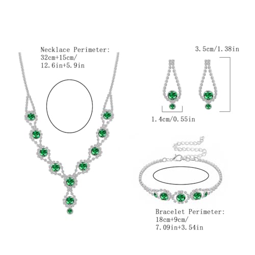 Silver Plated Necklace Earrings Bracelet Crystal Bridal Wedding Jewelry Sets for Wedding princess birthday party Halloween Prom Pageant Jewelry - color: 2-green