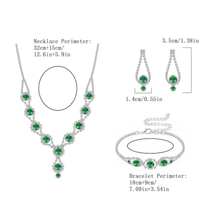 Silver Plated Necklace Earrings Bracelet Crystal Bridal Wedding Jewelry Sets for Wedding princess birthday party Halloween Prom Pageant Jewelry - color: 2-green