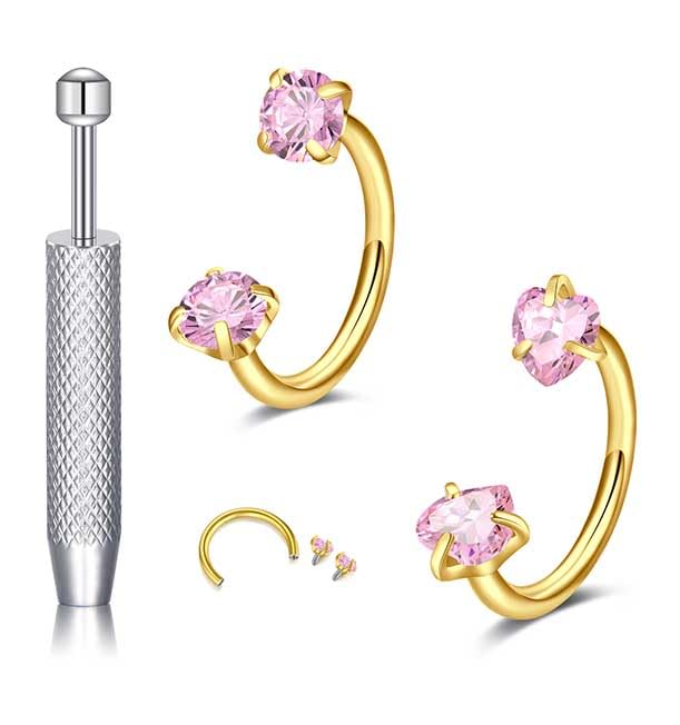 18G 20G Horseshoe Nose Rings Studs,Surgical Steel Nose Ring Pink Cubic Zirconia Nose Piercing,Internally Threaded Nose Rings For Women,Pink and Silver Zirconia - color: 20G-Gold-Pink Heart CZ