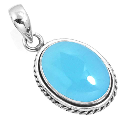 Chunky Natural Gemstone Pendant Necklace For Women Onyx, Turquoise, Amber, Garnet Oval Boho Genuine 925 Sterling Silver Handmade Jewelry - color: Blue Chalcedony
