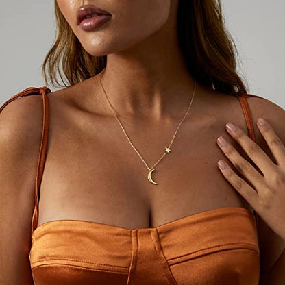14k Gold/Silver Plated Crescent Moon Necklace Tiny Moon and Star NecklaceDainty Sun Leaf Necklace Gold Pendant Necklace for Women Delicate Minimalist Jewelry - color: Moon Star-Gold