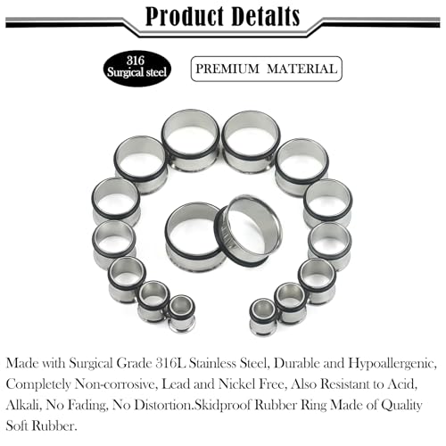 12G-25mm Single Flare Gauges Tunnels Plugs Stretching Set Kit 316L Surgical Steel Gauges Tunnle Plug for Ears 12G 10G 8G 6G 4G 2G 0G 00G 12mm 14mm 16mm 18mm 20mm 22mm 25mm - color: Silver Tone, size: 00G(10.0mm)-25mm