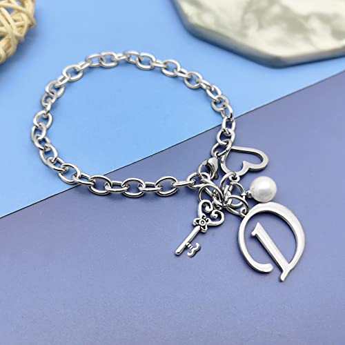 Initial A-Z Bracelets Gift for Women Girls Stainless Steel Chain Bracelet 26 Alphabet Jewelry Gifts for Birthday Anniversary Letter Bracelet Monogram Gifts for Sister Friend Girlfriends Mom 8.26 Inch - color: D