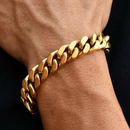 Cuban Link Bracelet for Men&Women, 9/11/13mm Width 7.5/8.5 Inch Length, 18K Gold Plated Stainless Steel Miami Cuban Hand Chain Wrist Bracelets,No Tarnish& Durable Hip Hop Jewelry - color: Gold, size: W13mm-L8.5inches