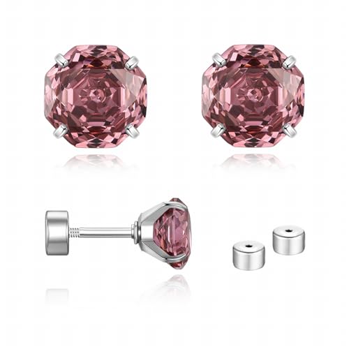 Zircon Flat Back Screw Hypoallergenic Surgical Steel Stud Earrings - color: Rosy Pink, size: 1ct - 0.24 Inch (6mm)