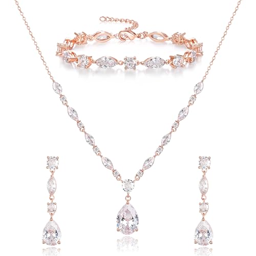 Teardrop Marquise Cubic Zirconia Wedding Prom Jewelry Set for Women Bridal | Silver/Gold/Rose Gold Plated, Pear Cut Pendant Necklace Drop Earrings Link Bracelet, for Bride Bridesmaid, for Banquet Party - style: B_Three Set, Rose Gold (Teardrop)