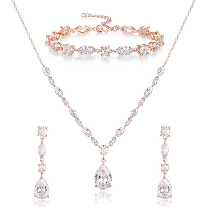 Teardrop Marquise Cubic Zirconia Wedding Prom Jewelry Set for Women Bridal | Silver/Gold/Rose Gold Plated, Pear Cut Pendant Necklace Drop Earrings Link Bracelet, for Bride Bridesmaid, for Banquet Party - style: B_Three Set, Rose Gold (Teardrop)