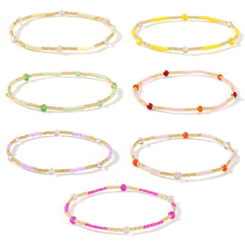 Colorful Stackable Rice Small Mini Seed Beaded Bracelets Set For Women, Handmade Dainty Boho Gold Glass Stretch Accessories Jewelry,Summer Beach Party Daily Friendship Gift - color: 7Pcs Gold Crystal