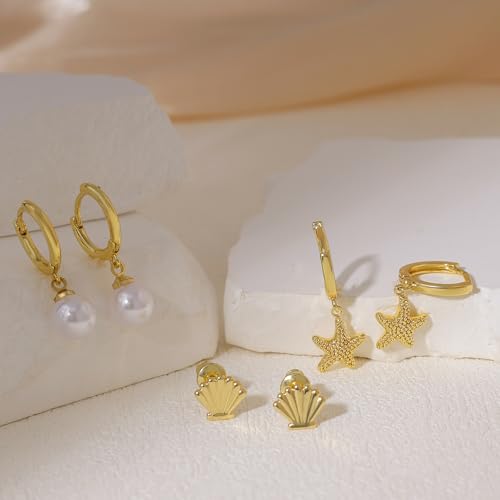 Gold Plated Earrings for Women, 14k Gold Plated Earring Stack Hypoallergenic Pearl Drop Earring Dainty Earrings for Women Trendy Cute Small Huggie Hoop Earring Fashion Womens Jewelry - color: SET18