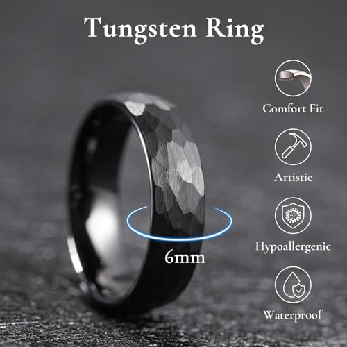 King Will Men's Tungsten Carbide Wedding Ring Hammered Groove Wedding Band Mens Two Tone Engagement Ring for Men and Women Matte Brushed Finish Comfort Fit - color: 6mm black