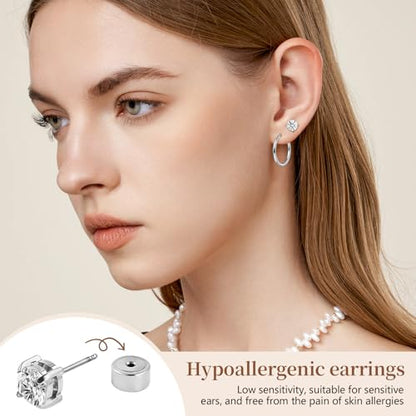 Hypoallergenic Surgical Steel Earrings, 20G Sparkling Cubic Zirconia (CZ) Flat Back Studs & Hoops, Earrings for Sensitive Ears, Cartilage & Helix Piercing Jewelry - color: silvery