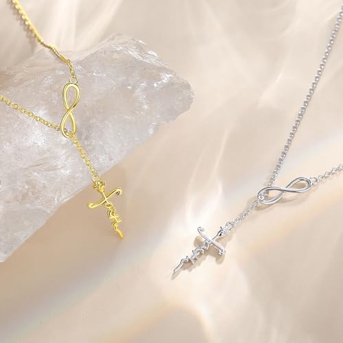 FANCIME White Gold Plated 925 Sterling Silver High Polished Infinity Cross Pendant Lariat Necklace Y Necklace Gift for Women, 18" - color: Faith