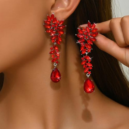 Silver Rhinestone Wedding Earrings for Women,Silver Sparkling Crystal Chandelier Earrings,Formal Cocktail Prom Teardrop Dangle Drop Statement Jewelry - color: Red