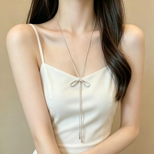 FUTIMELY Dainty Long Gold Necklace for Women,Thin Herringbone Chain Necklace,Long Lariat Necklace Body Jewelry - color: Bow Silver