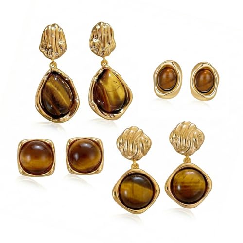 Brown Gold Earrings for Women, Resin Tiger Eye Stud Earrings Set, Chunky Translucent Hypoallergenic Vintage Fashion Jewelry Gifts - color: 6 Pairs Brown-1