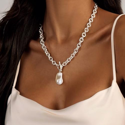 IMBOS 14K Gold Plated Chunky Chain Choker Necklaces for Women Chunky Gold Necklace Tennis Necklace for Women CZ Love Chain Cuban Link Choker Jewelry Gifts - color: Silver-Baroque Pearl Necklace