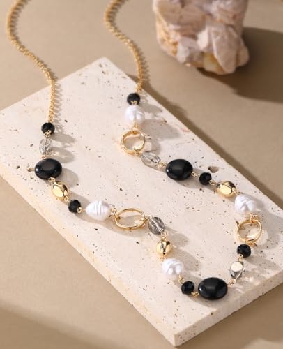 Long Gold Necklaces for Women Trendy Beaded Chain Necklace Chunky Costume Jewelry Gifts for Her - color: Black Agate