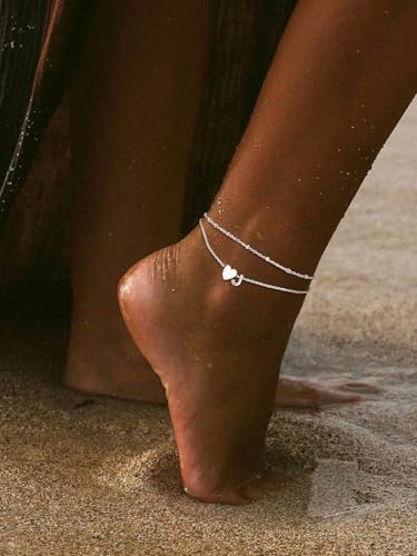 Suplight Initial Ankle Bracelets for Women 14K Gold Plate Waterproof No Tarnish Anklets Layered Heart Letter Anklet Adjustable Plus Size Foot Chain Summer Beach Boho Jewelry Silver Black 8.5-10 Inch - color: Silver, style: 6.F