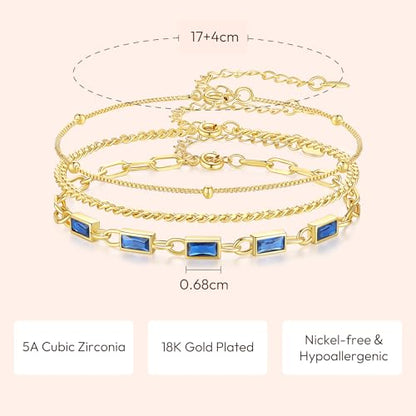 Gold Birthstone Bracelet for Women, 18K Gold Plated Layered Jewelry Bracelet Set, Womens Dainty Stackable Bracelets Link Paperclip Chain Valentines Day Gift for Wife Her - color: Gold-09-Sep.