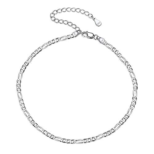PROSILVER 925 Sterling Silver Ankle Bracelets For Women, Stylish Chain Anklets, Summer Beach Jewelry, 8.6-10.6 Inch Adjustable, Come with Box - style: 03 Figaro Anklet-3mm