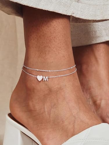Initial Ankle Bracelets for Women, Dainty Stainless Steel Letter A-Z Layered Anklets, Heart Ankle Bracelet 8.5"-10.5" Adjustable, Summer Beach Jewelry, Come with Box - color: Silver, size: B