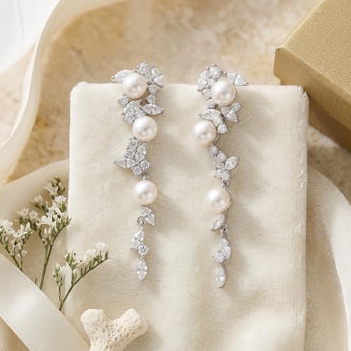 Sonateomber Gold Silver Pearl Rhinestone Dangle Earrings for Women, Elegant CZ Leaf Butterfly Bridal Earings Prom Wedding Fashion Jewelry Gift - color: Silver