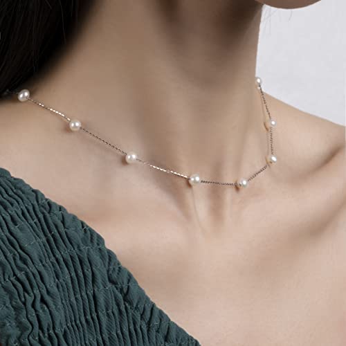 925 Sterling Silver Dainty Freshwater Cultured Pearl Choker Necklace White Genuine Real Pearl Charm Necklaces Jewelry Gifts for Her - color: Satellite Pearl-Silver 4.5-5.5mm