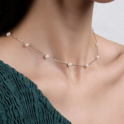 925 Sterling Silver Dainty Freshwater Cultured Pearl Choker Necklace White Genuine Real Pearl Charm Necklaces Jewelry Gifts for Her - color: Satellite Pearl-Silver 4.5-5.5mm