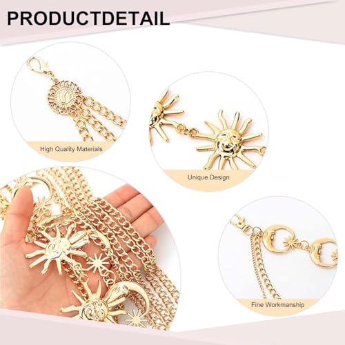 2Pcs Layered Waist Chains Boho Belt for Women Gold Multilayer Metal Adjustable Fashion Accessories Dress Hip Chain Belt Adjustable Body Belly Chain with Moon Star Sun