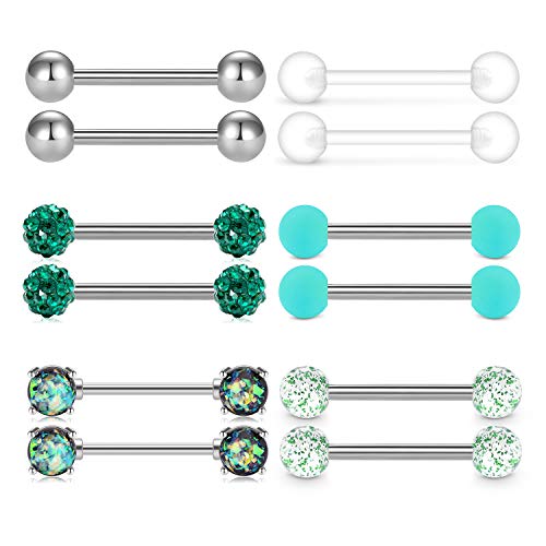 QWALIT Tongue Rings Nipple Rings 14G Nipplerings Straight Barbell Surgical Steel Nipple Piercing Bar Nipple Bars for Women Tongue Bar 16mm 14mm - color: A1: bar - Green