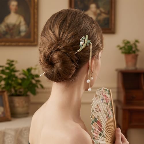 6Pcs Chinese Hair Pins, Gold White Japanese Hair Stick with Pearl Flower Bamboo Leaves Design, Retro Asian Gold Metal Hair Sticks Pins, Hair Bun Updo Holders Hair Chopstick Accessories for Women