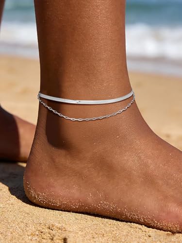 U7 Silver/Gold/Black Ankle Bracelets for Women Layered Chain Anklets | Stainless Steel Anklets Waterproof Summer Beach Anklet Charm, Adjustable 8.5"-10.5",Layered Anklet Fashion - color: Silver - Flat Snake Chain+Paperclip Chain