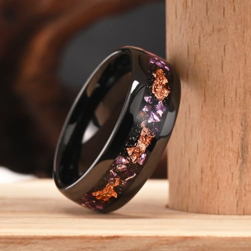 Tungsten Rings for Men and Women 8mm/4mm Men’s Wedding Bands | 8mm Black Inlaid Purple Galaxy Opal Fashion High Polished Suitable for engagement and anniversary parties comfortable fit - color: 8mm gold and purple