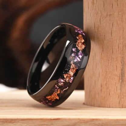 Tungsten Rings for Men and Women 8mm/4mm Men’s Wedding Bands | 8mm Black Inlaid Purple Galaxy Opal Fashion High Polished Suitable for engagement and anniversary parties comfortable fit - color: 8mm gold and purple