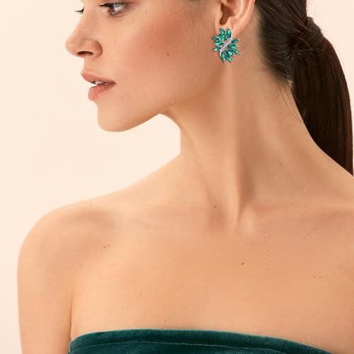 EVER FAITH Sparkly Rhinestone Clip-on Earrings for Women Bride, Fashion Marquise Crystal Cluster Wedding Bridal Stud Earring for Prom Formal Party - color: Green Silver-Tone