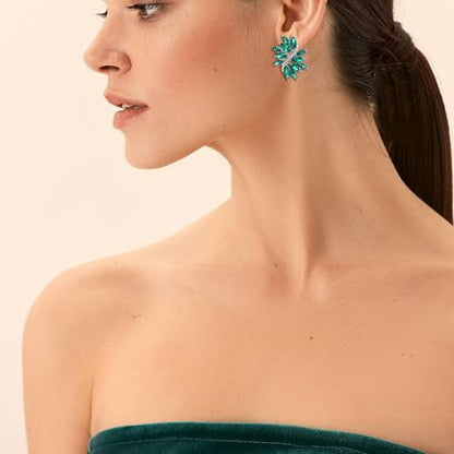 EVER FAITH Sparkly Rhinestone Clip-on Earrings for Women Bride, Fashion Marquise Crystal Cluster Wedding Bridal Stud Earring for Prom Formal Party - color: Green Silver-Tone