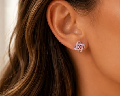 Amy & Annette Sterling Silver Love Knot Stud Earrings with Crystals | Hypoallergenic Aretes de Plata Para Mujer | 925 Sterling Silver Earring | Stud Earrings for Women | Lightweight - color: Pink