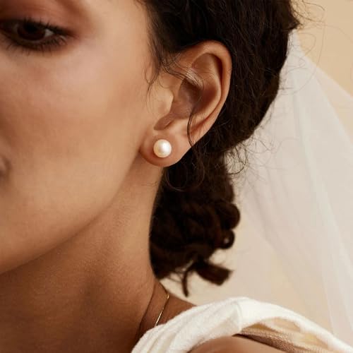 WFYOU Pearl Earrings for Women 925 Sterling Silver Stud Earring | 14K Gold Plated Hypoallergenic Stud Earrings, White Diamond Dainty Bridal Earring, Trendy Jewelry, Wedding Party Gifts - color: Gold A, size: 9mm
