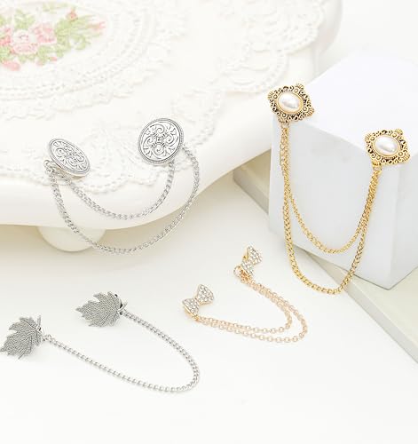 Akeoqi 6Pcs Vintage Sweater Shawl Chain Clips retro Bowknot Rhinestone Button Leaf Pearl Flower Pattern Brooch Pins for women men suit Shirt cardigan Cloak Dress Lapel collar Clasp with Hanging Chain