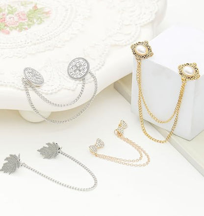 Akeoqi 6Pcs Vintage Sweater Shawl Chain Clips retro Bowknot Rhinestone Button Leaf Pearl Flower Pattern Brooch Pins for women men suit Shirt cardigan Cloak Dress Lapel collar Clasp with Hanging Chain