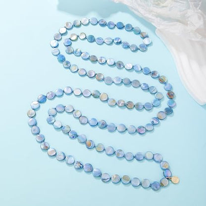 Firstmeet Flat Round Coin Shell Beads Long Knotted Necklace Natural Mother of Pearl Handmade Jewelry For Women - color: S-Blue AB