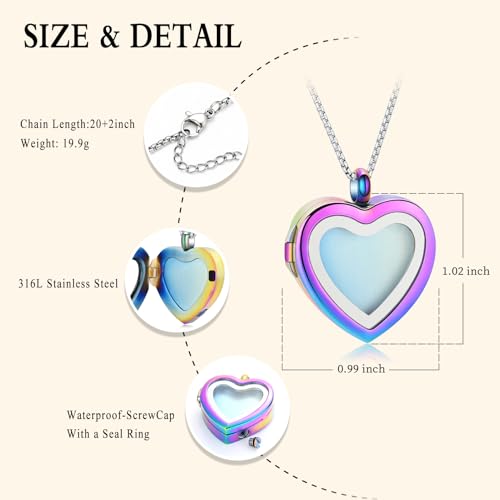 Oinsi Cremation Locket Necklace For Ashes Of Loved One Carry Photo Glass Memorial Urn Jewelry 316L Stainless Steel Keepsake Gifts - color: B-Colorful