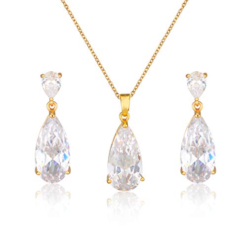 Wedding Jewelry Set for Bridesmaids - Sterling Silver Teardrop CZ Crystal Cubic Zirconia Rhinestone Diamond Bridal Necklace Earrings Set for Bride Mother of Bride Party Prom Birthstone Costume Jewelry - color: Nov-Topaz
